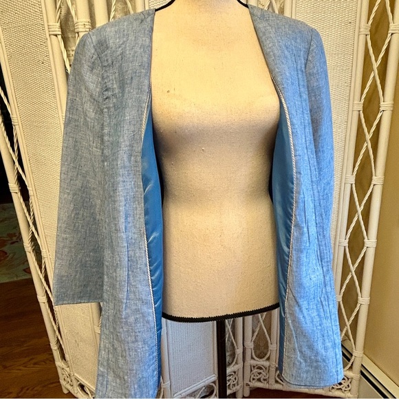 Talbots Blazer Chambray Blue Linen Open Front Collarless Jacket Plus size 20W - Picture 4 of 16